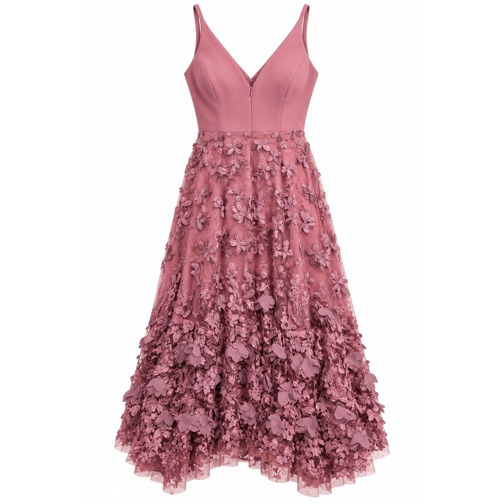 Dress The Population Mauve Pink 3D Floral Lace V-Neck Midi Dress Small